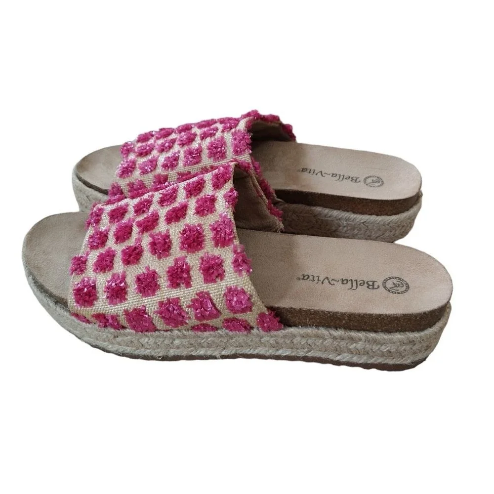 New Bella Vita Woman's Raffia Flatform Espadrilles Pink Poms Size 8 Wide Wide
